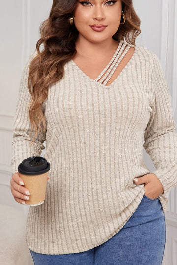 Woochic pull grande taille femme col en V, design abricot 1XL